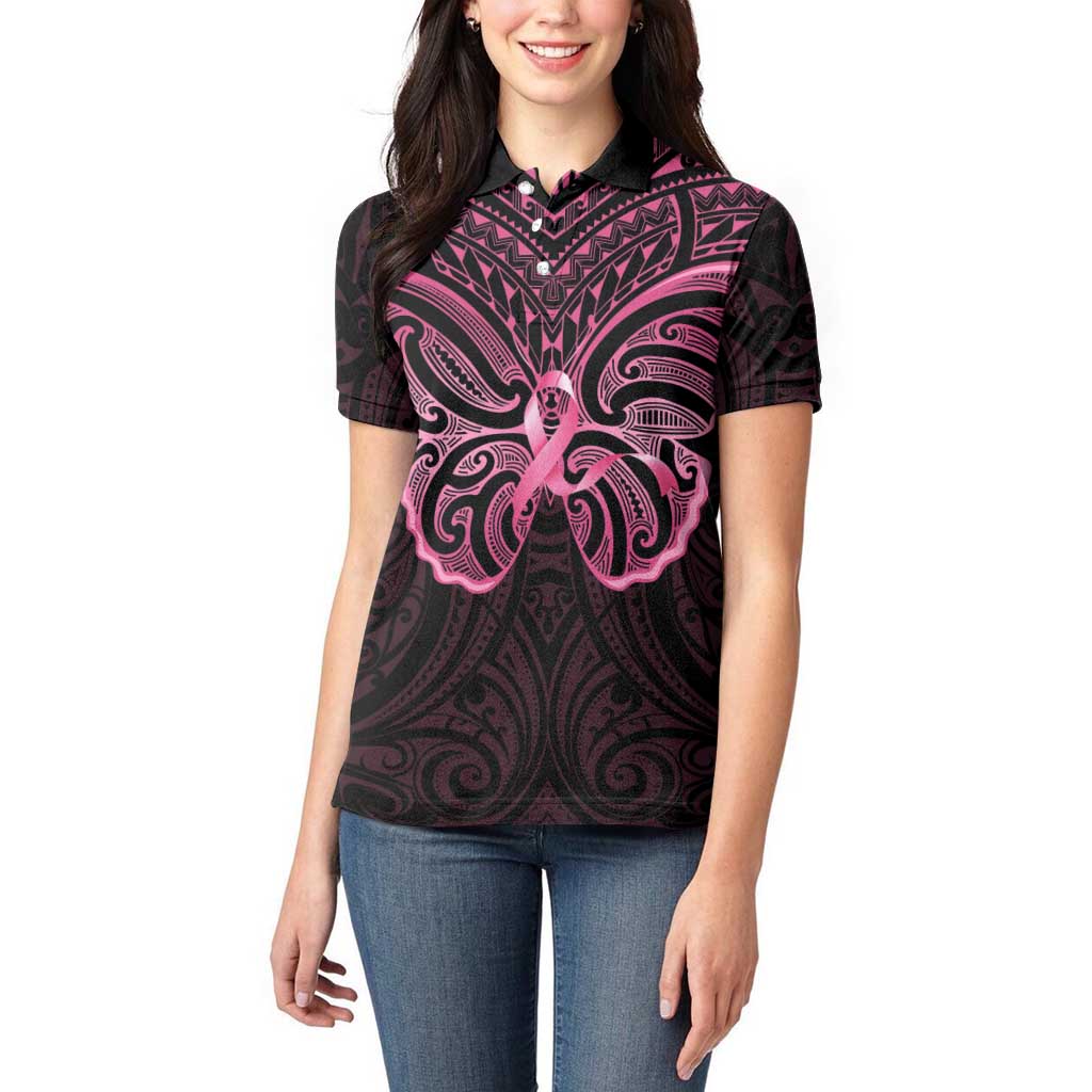 New Zealand Breast Cancer Awareness Women Polo Shirt Maori Butterfly Pink Ribbon Black Version - Aussie Hoodie