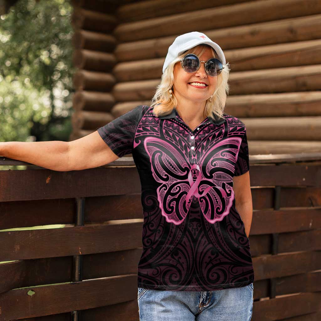 New Zealand Breast Cancer Awareness Women Polo Shirt Maori Butterfly Pink Ribbon Black Version - Aussie Hoodie
