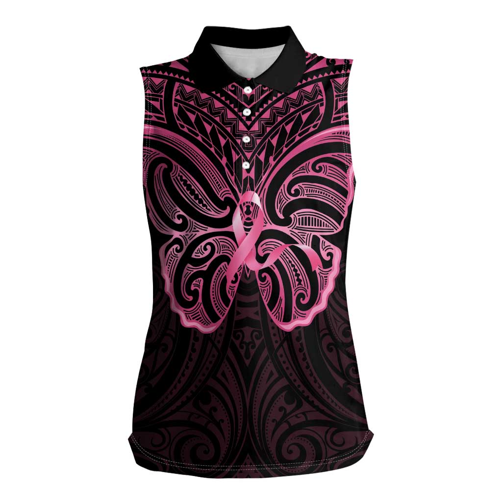 New Zealand Breast Cancer Awareness Women Sleeveless Polo Shirt Maori Butterfly Pink Ribbon Black Version - Aussie Hoodie