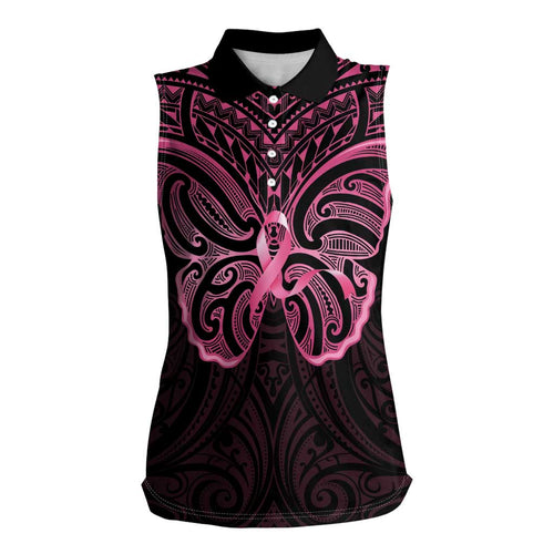 New Zealand Breast Cancer Awareness Women Sleeveless Polo Shirt Maori Butterfly Pink Ribbon Black Version - Aussie Hoodie