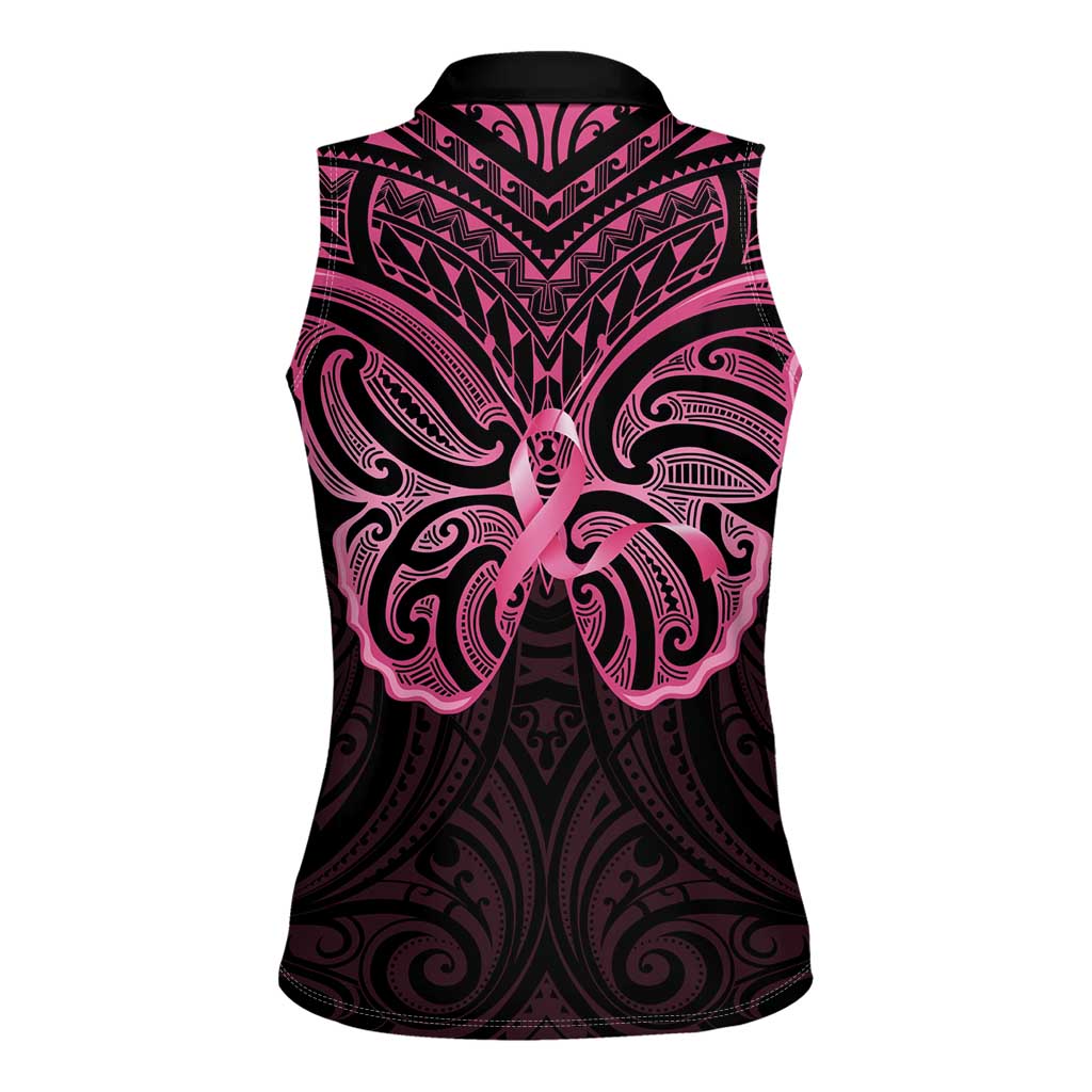 New Zealand Breast Cancer Awareness Women Sleeveless Polo Shirt Maori Butterfly Pink Ribbon Black Version - Aussie Hoodie