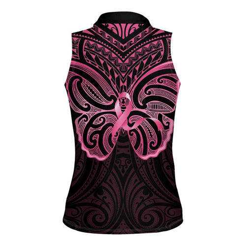 New Zealand Breast Cancer Awareness Women Sleeveless Polo Shirt Maori Butterfly Pink Ribbon Black Version - Aussie Hoodie
