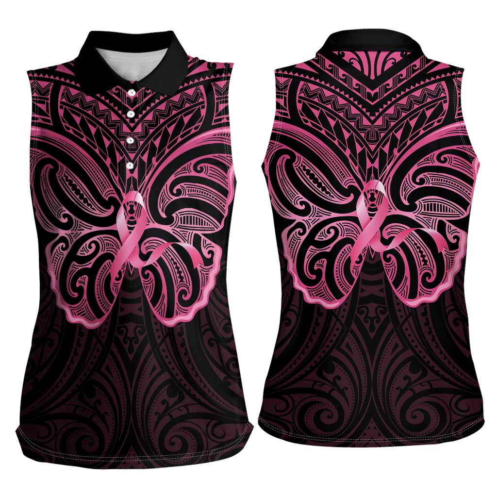 New Zealand Breast Cancer Awareness Women Sleeveless Polo Shirt Maori Butterfly Pink Ribbon Black Version - Aussie Hoodie