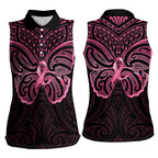 New Zealand Breast Cancer Awareness Women Sleeveless Polo Shirt Maori Butterfly Pink Ribbon Black Version - Aussie Hoodie
