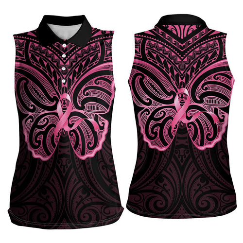 New Zealand Breast Cancer Awareness Women Sleeveless Polo Shirt Maori Butterfly Pink Ribbon Black Version - Aussie Hoodie