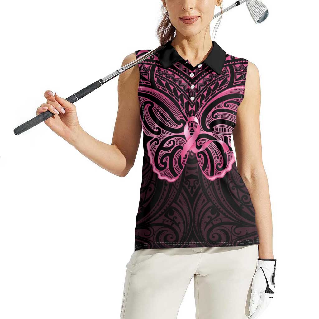 New Zealand Breast Cancer Awareness Women Sleeveless Polo Shirt Maori Butterfly Pink Ribbon Black Version - Aussie Hoodie