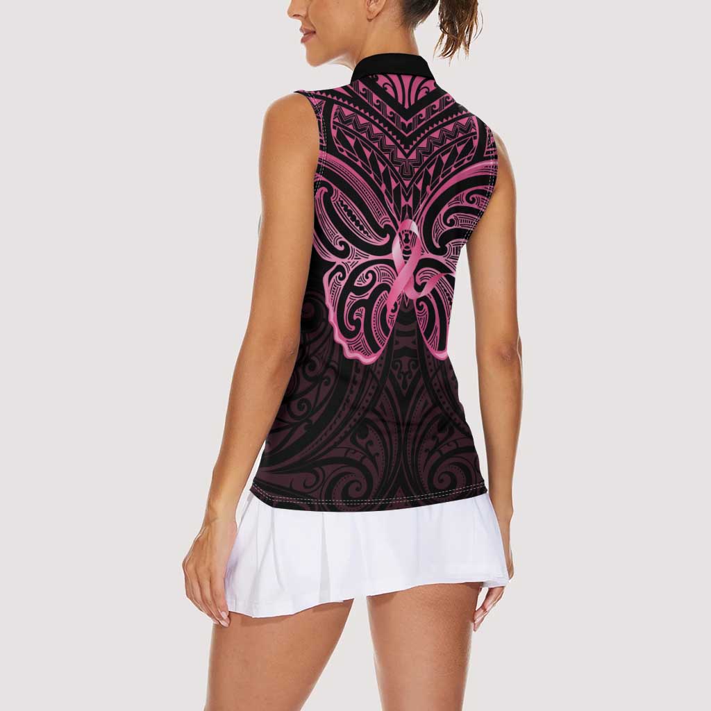 New Zealand Breast Cancer Awareness Women Sleeveless Polo Shirt Maori Butterfly Pink Ribbon Black Version - Aussie Hoodie