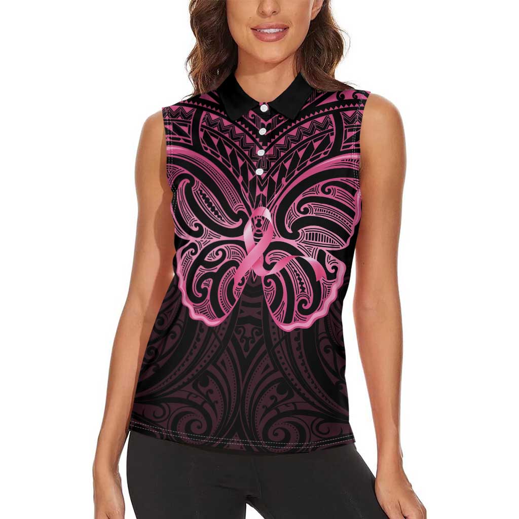 New Zealand Breast Cancer Awareness Women Sleeveless Polo Shirt Maori Butterfly Pink Ribbon Black Version - Aussie Hoodie