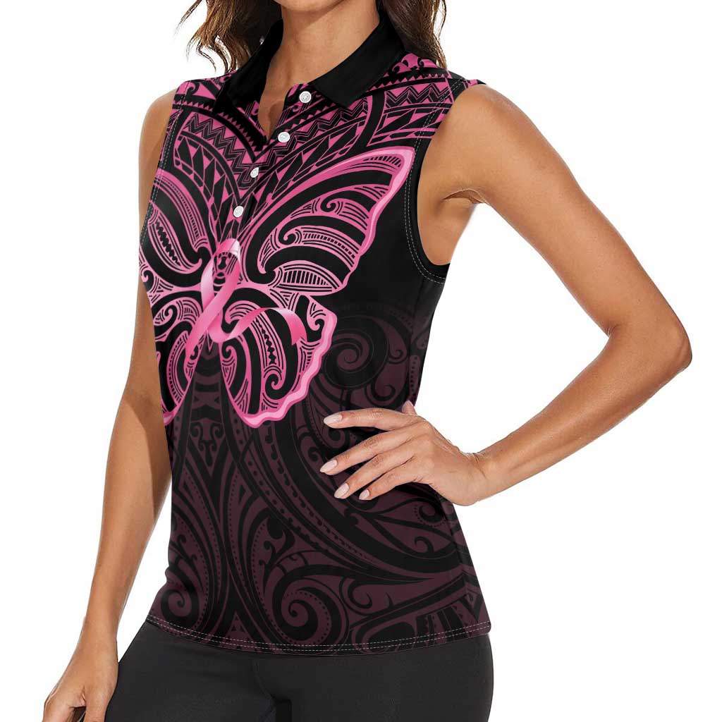 New Zealand Breast Cancer Awareness Women Sleeveless Polo Shirt Maori Butterfly Pink Ribbon Black Version - Aussie Hoodie