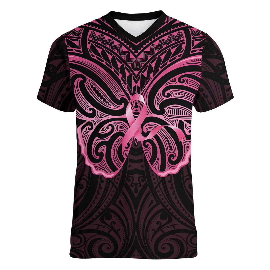 New Zealand Breast Cancer Awareness Women V-Neck T-Shirt Maori Butterfly Pink Ribbon Black Version - Aussie Hoodie