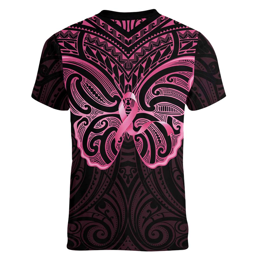 New Zealand Breast Cancer Awareness Women V-Neck T-Shirt Maori Butterfly Pink Ribbon Black Version - Aussie Hoodie