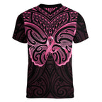 New Zealand Breast Cancer Awareness Women V-Neck T-Shirt Maori Butterfly Pink Ribbon Black Version - Aussie Hoodie