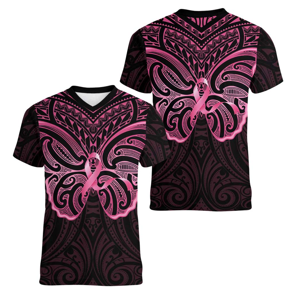 New Zealand Breast Cancer Awareness Women V-Neck T-Shirt Maori Butterfly Pink Ribbon Black Version - Aussie Hoodie