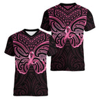 New Zealand Breast Cancer Awareness Women V-Neck T-Shirt Maori Butterfly Pink Ribbon Black Version - Aussie Hoodie