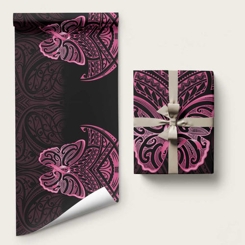 New Zealand Breast Cancer Awareness Wrapping Paper Maori Butterfly Pink Ribbon Black Version - Aussie Hoodie