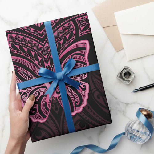 New Zealand Breast Cancer Awareness Wrapping Paper Maori Butterfly Pink Ribbon Black Version - Aussie Hoodie