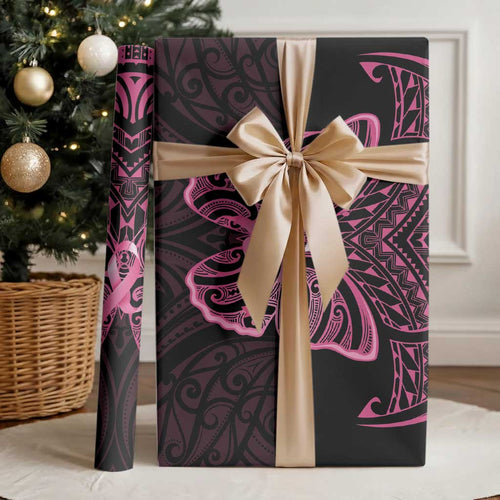 New Zealand Breast Cancer Awareness Wrapping Paper Maori Butterfly Pink Ribbon Black Version - Aussie Hoodie