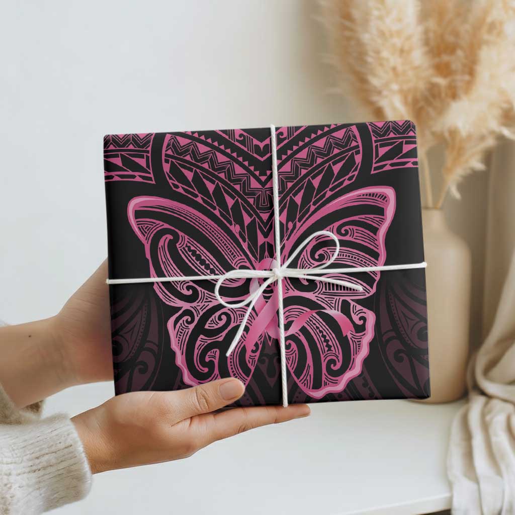 New Zealand Breast Cancer Awareness Wrapping Paper Maori Butterfly Pink Ribbon Black Version - Aussie Hoodie