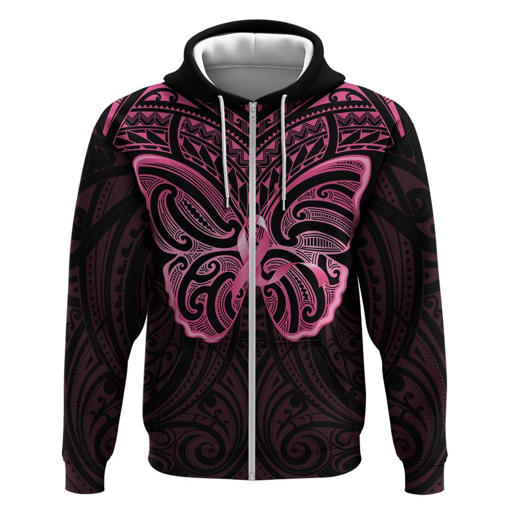 New Zealand Breast Cancer Awareness Zip Hoodie Maori Butterfly Pink Ribbon Black Version - Aussie Hoodie