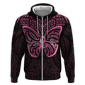New Zealand Breast Cancer Awareness Zip Hoodie Maori Butterfly Pink Ribbon Black Version - Aussie Hoodie