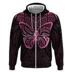 New Zealand Breast Cancer Awareness Zip Hoodie Maori Butterfly Pink Ribbon Black Version - Aussie Hoodie