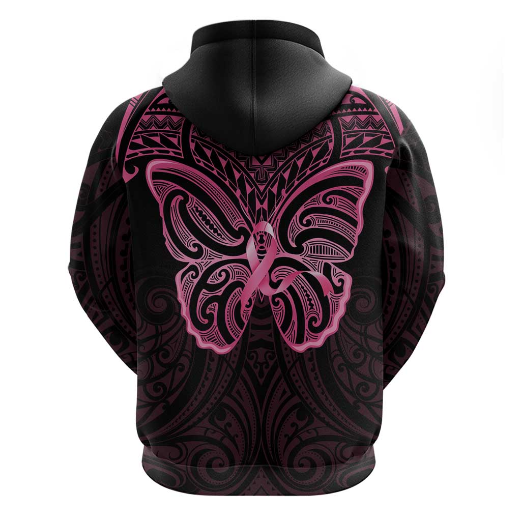New Zealand Breast Cancer Awareness Zip Hoodie Maori Butterfly Pink Ribbon Black Version - Aussie Hoodie