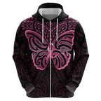 New Zealand Breast Cancer Awareness Zip Hoodie Maori Butterfly Pink Ribbon Black Version - Aussie Hoodie