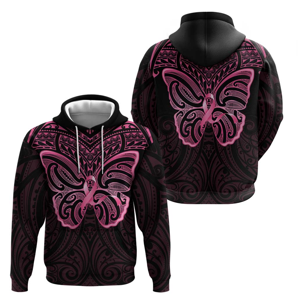 New Zealand Breast Cancer Awareness Zip Hoodie Maori Butterfly Pink Ribbon Black Version - Aussie Hoodie