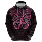 New Zealand Breast Cancer Awareness Zip Hoodie Maori Butterfly Pink Ribbon Black Version - Aussie Hoodie