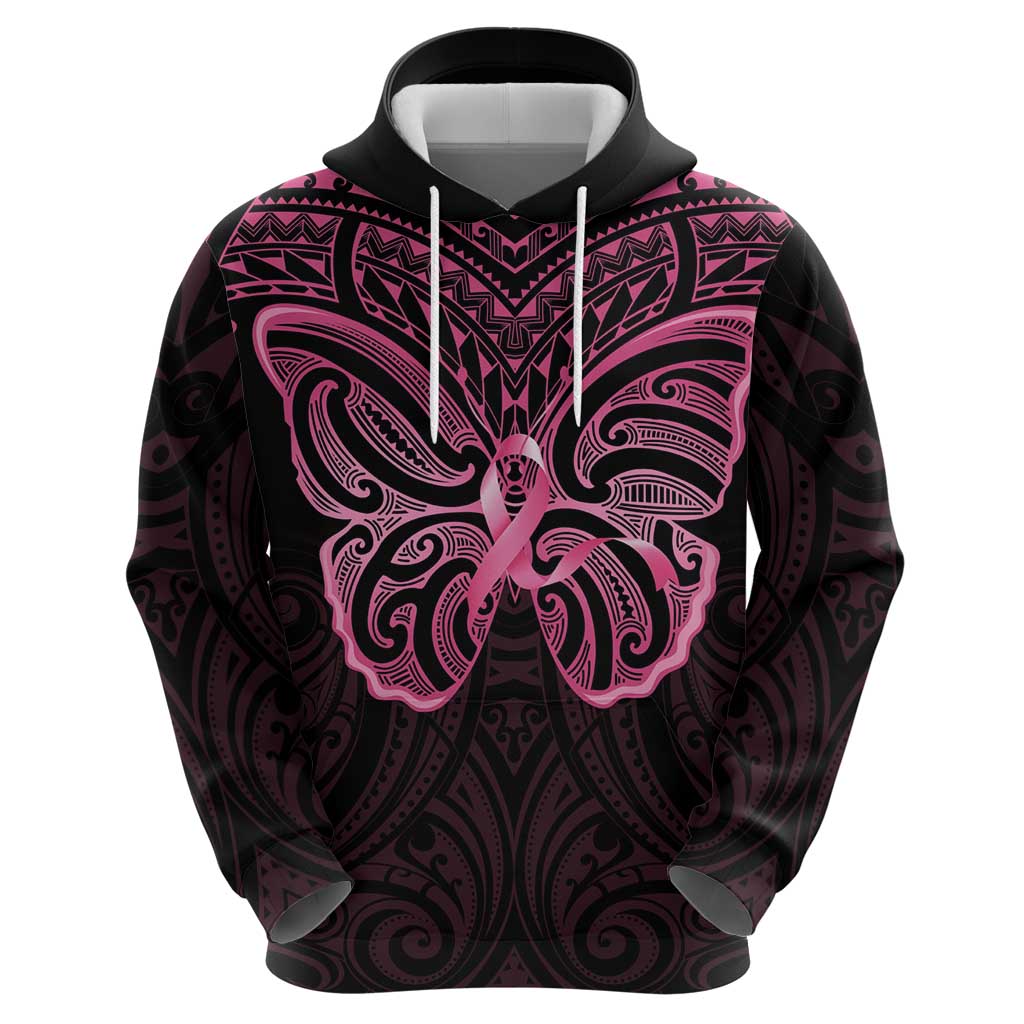 New Zealand Breast Cancer Awareness Zip Hoodie Maori Butterfly Pink Ribbon Black Version - Aussie Hoodie
