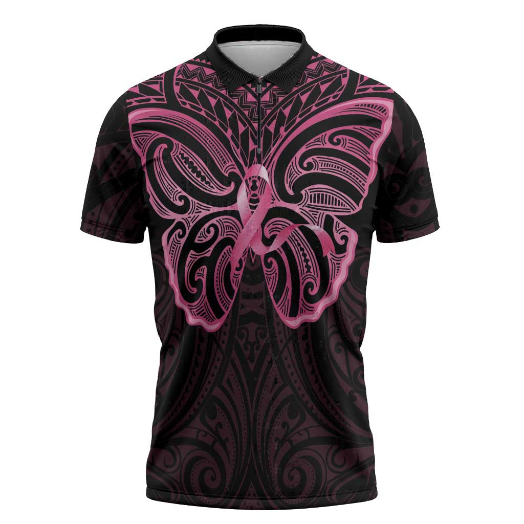 New Zealand Breast Cancer Awareness Zipper Polo Shirt Maori Butterfly Pink Ribbon Black Version - Aussie Hoodie