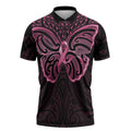 New Zealand Breast Cancer Awareness Zipper Polo Shirt Maori Butterfly Pink Ribbon Black Version - Aussie Hoodie