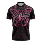 New Zealand Breast Cancer Awareness Zipper Polo Shirt Maori Butterfly Pink Ribbon Black Version - Aussie Hoodie
