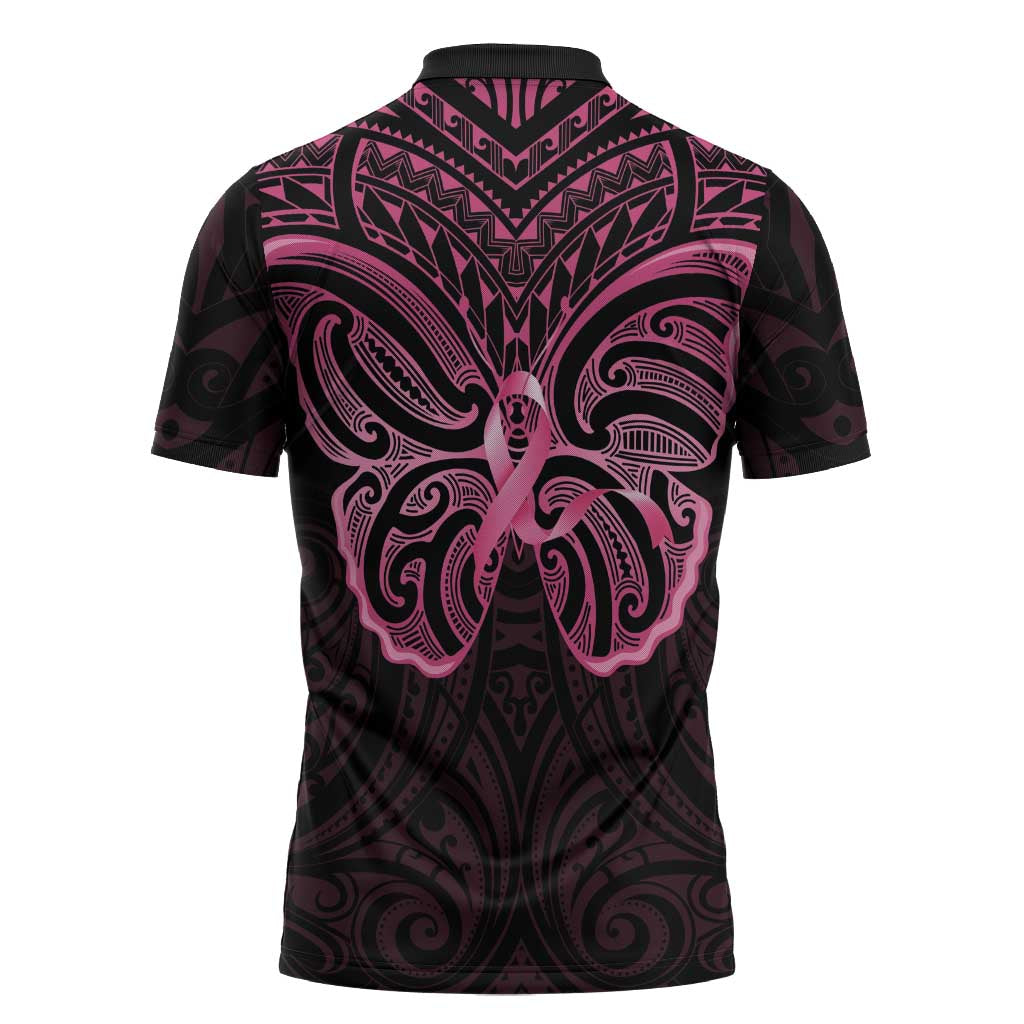New Zealand Breast Cancer Awareness Zipper Polo Shirt Maori Butterfly Pink Ribbon Black Version - Aussie Hoodie