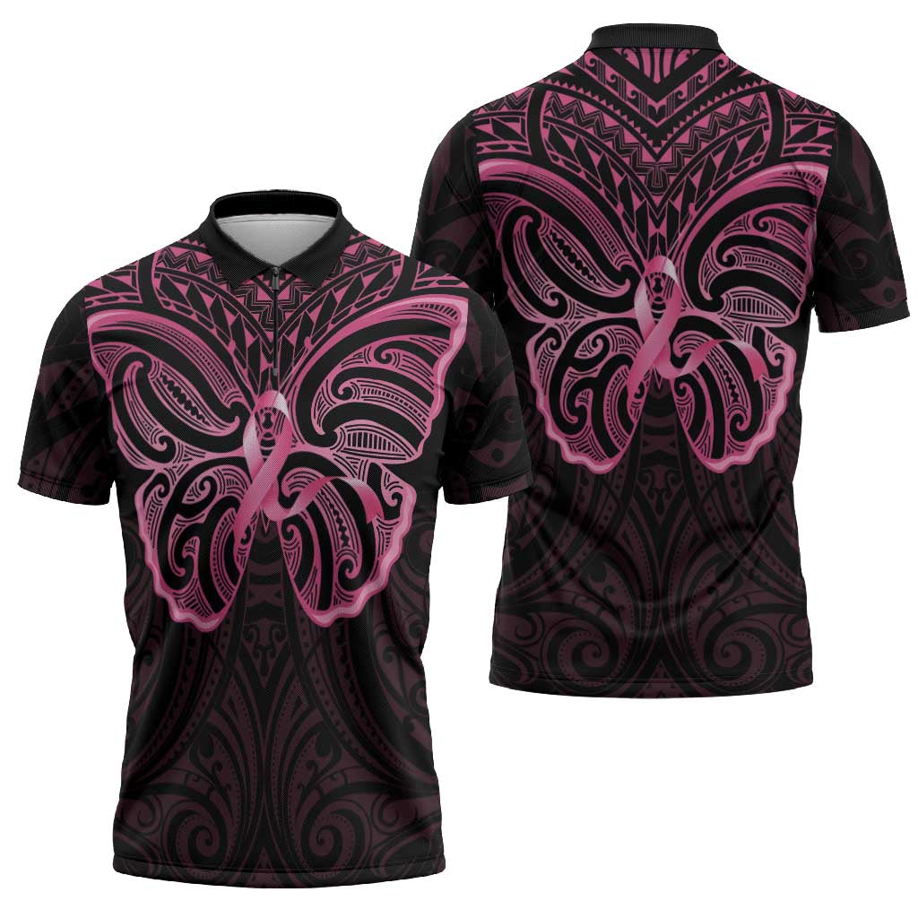 New Zealand Breast Cancer Awareness Zipper Polo Shirt Maori Butterfly Pink Ribbon Black Version - Aussie Hoodie