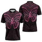 New Zealand Breast Cancer Awareness Zipper Polo Shirt Maori Butterfly Pink Ribbon Black Version - Aussie Hoodie