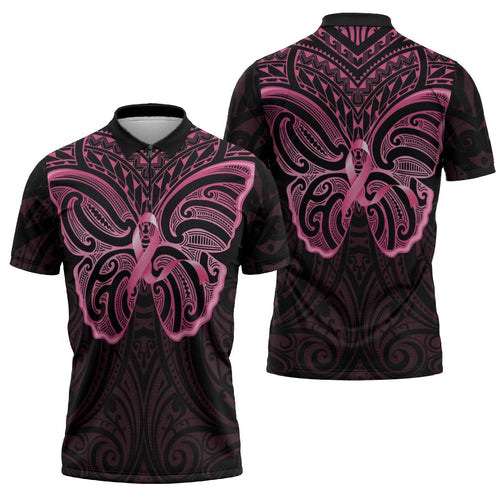 New Zealand Breast Cancer Awareness Zipper Polo Shirt Maori Butterfly Pink Ribbon Black Version - Aussie Hoodie