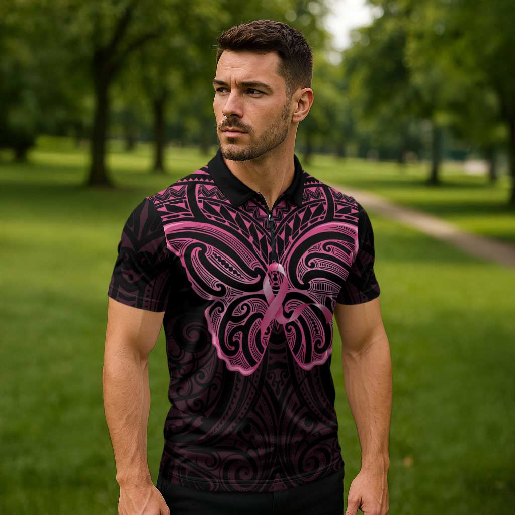 New Zealand Breast Cancer Awareness Zipper Polo Shirt Maori Butterfly Pink Ribbon Black Version - Aussie Hoodie