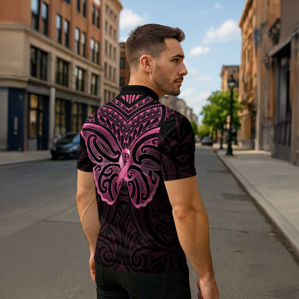New Zealand Breast Cancer Awareness Zipper Polo Shirt Maori Butterfly Pink Ribbon Black Version - Aussie Hoodie
