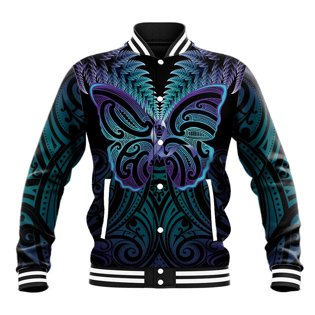Suicide Prevention New Zealand Baseball Jacket Aotearoa Maori Butterfly Mix Silver Fern - Aussie Hoodie
