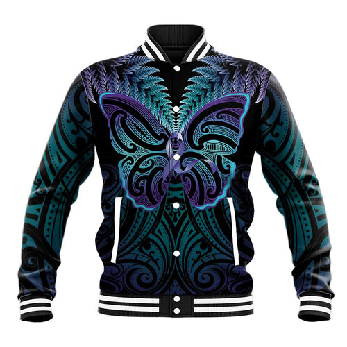 Suicide Prevention New Zealand Baseball Jacket Aotearoa Maori Butterfly Mix Silver Fern - Aussie Hoodie