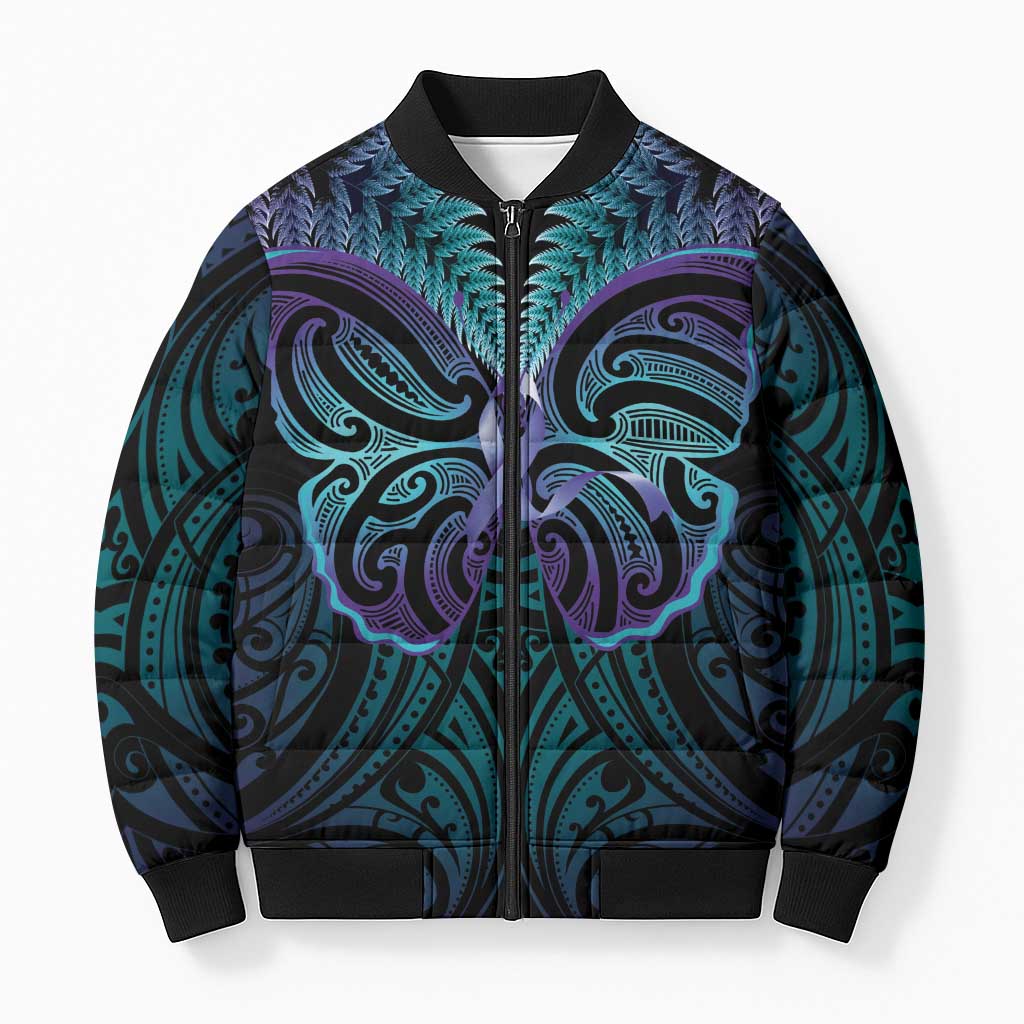 Suicide Prevention New Zealand Bomber Puffer Jacket Aotearoa Maori Butterfly Mix Silver Fern - Aussie Hoodie