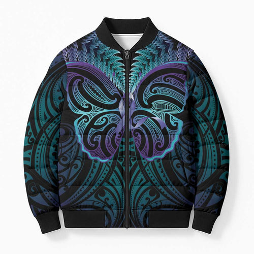 Suicide Prevention New Zealand Bomber Puffer Jacket Aotearoa Maori Butterfly Mix Silver Fern - Aussie Hoodie