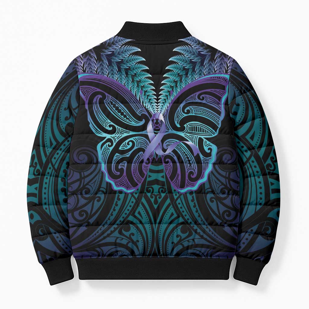 Suicide Prevention New Zealand Bomber Puffer Jacket Aotearoa Maori Butterfly Mix Silver Fern - Aussie Hoodie