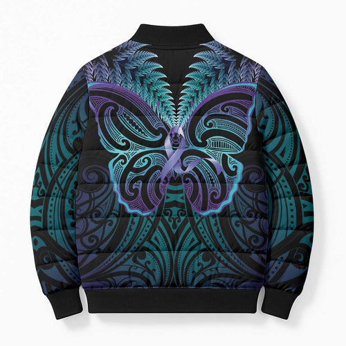 Suicide Prevention New Zealand Bomber Puffer Jacket Aotearoa Maori Butterfly Mix Silver Fern - Aussie Hoodie