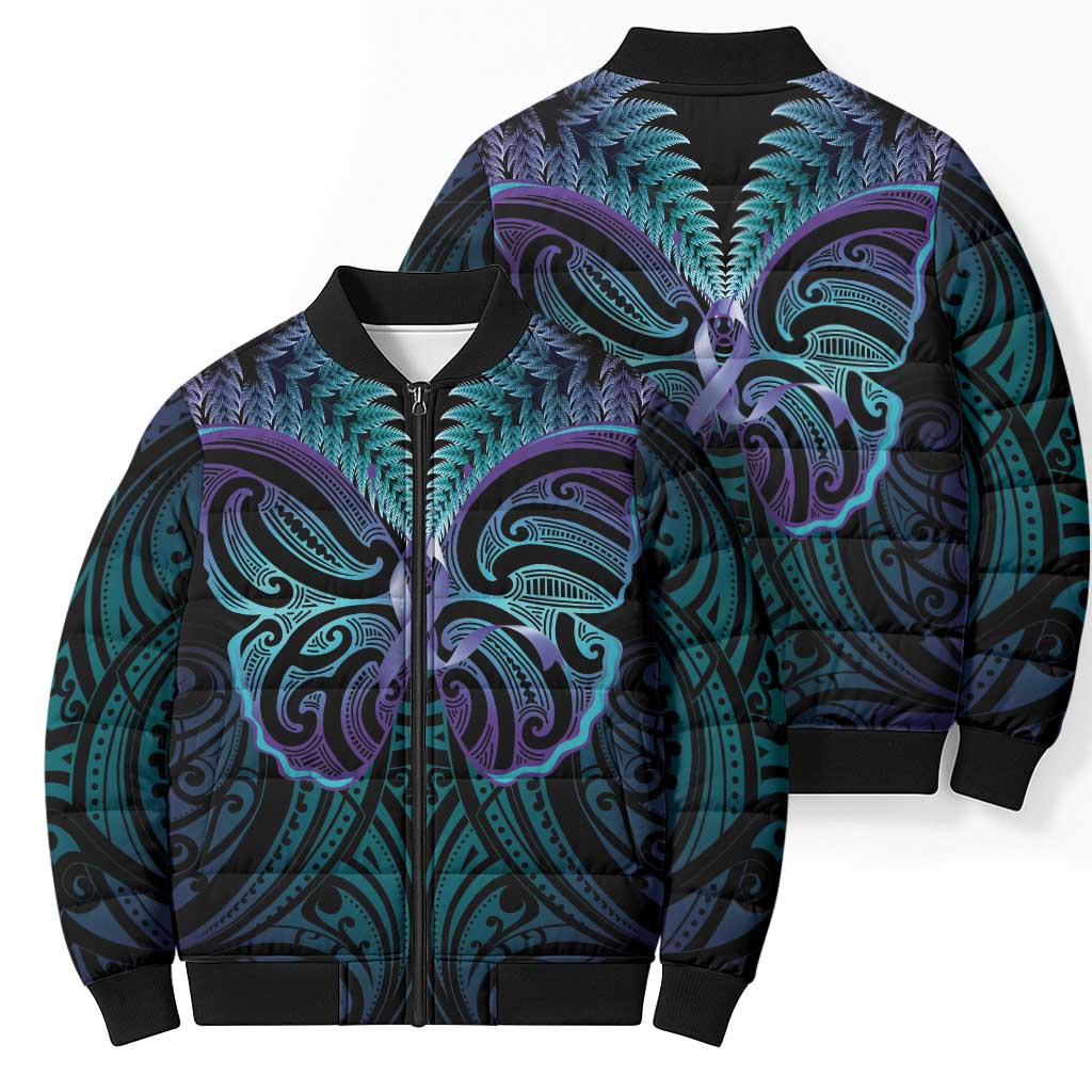 Suicide Prevention New Zealand Bomber Puffer Jacket Aotearoa Maori Butterfly Mix Silver Fern - Aussie Hoodie