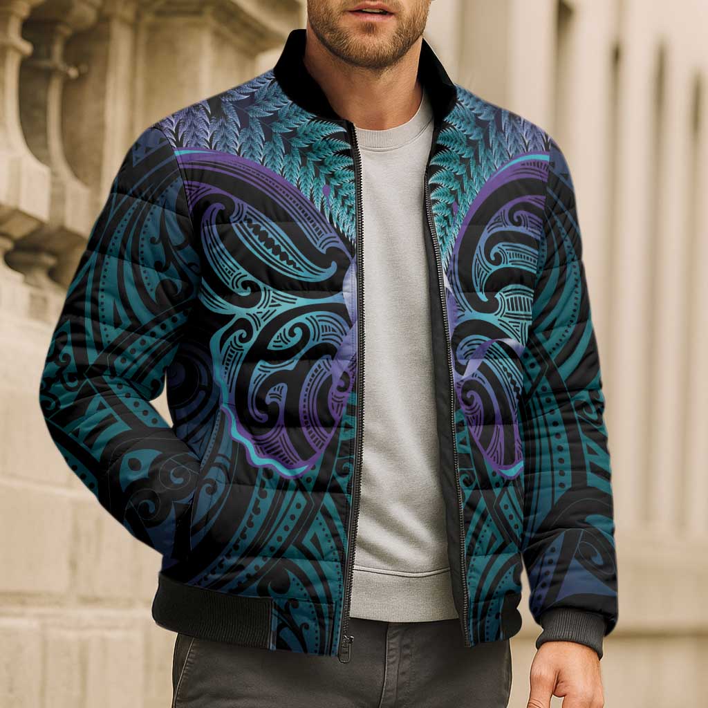 Suicide Prevention New Zealand Bomber Puffer Jacket Aotearoa Maori Butterfly Mix Silver Fern - Aussie Hoodie