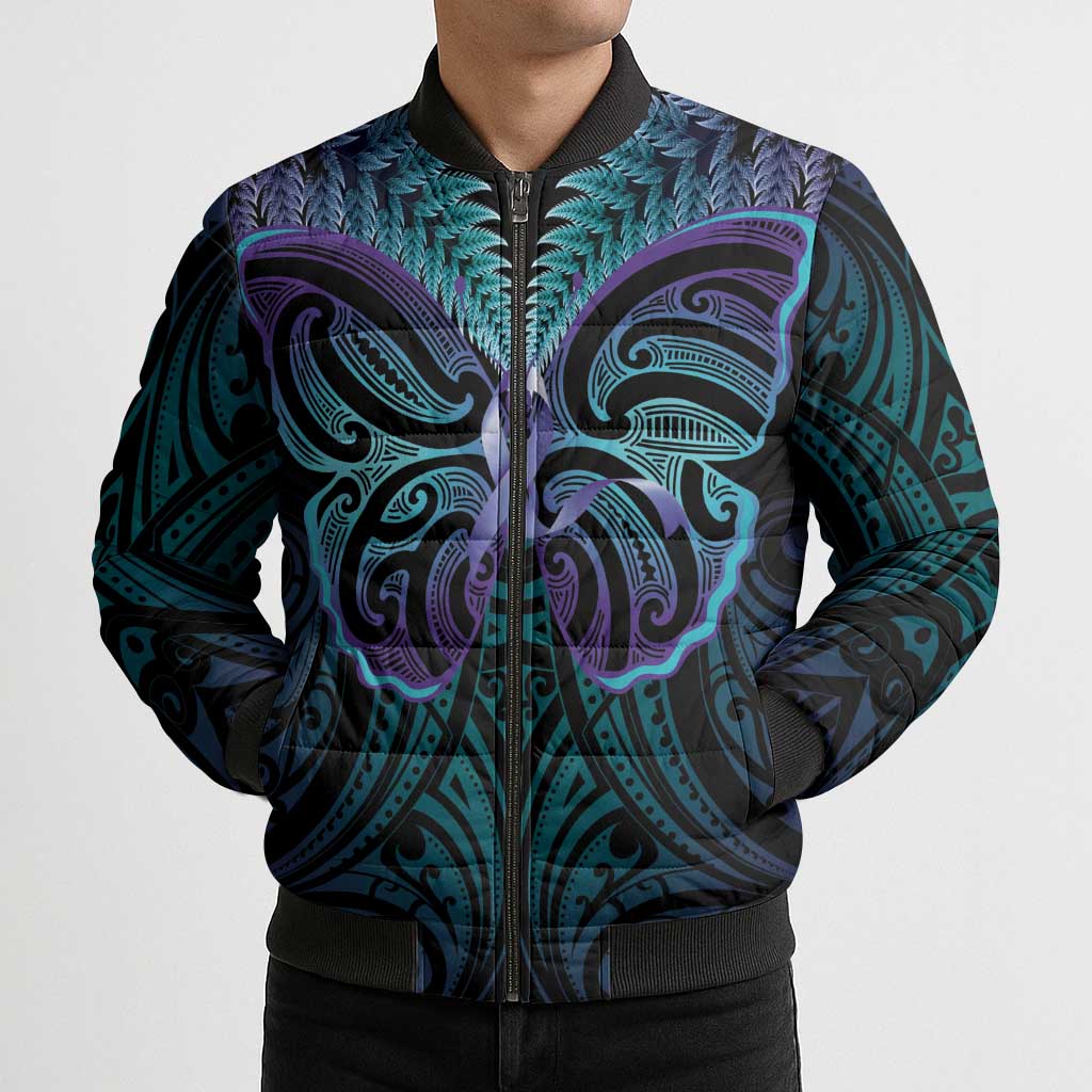 Suicide Prevention New Zealand Bomber Puffer Jacket Aotearoa Maori Butterfly Mix Silver Fern - Aussie Hoodie