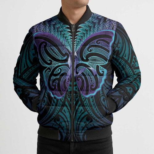 Suicide Prevention New Zealand Bomber Puffer Jacket Aotearoa Maori Butterfly Mix Silver Fern - Aussie Hoodie