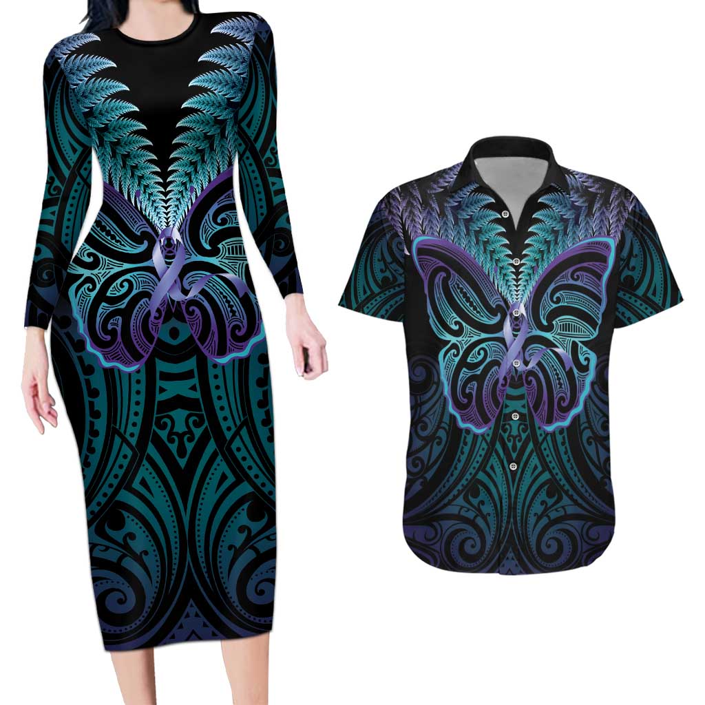 Suicide Prevention New Zealand Couples Matching Long Sleeve Bodycon Dress and Hawaiian Shirt Aotearoa Maori Butterfly Mix Silver Fern - Aussie Hoodie